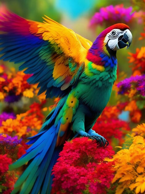 A parrot with a colorful wing that says parrot on it