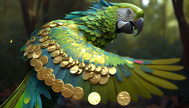 A parrot with gold coins on its wings