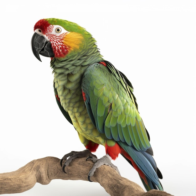 A parrot with a green and red feather on its head sits on a branch.