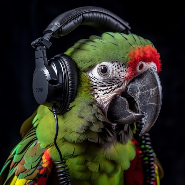 A parrot with headphones and a headphone on it