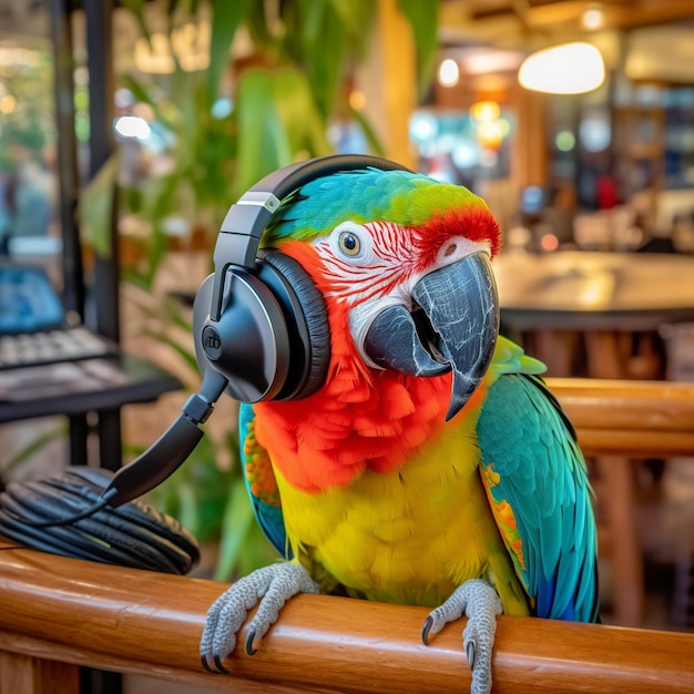 A parrot with headphones on and a headphone on its head.