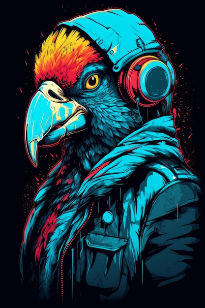 A parrot with headphones and a jacket