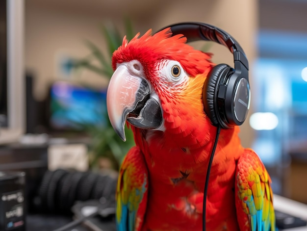 A parrot with headphones on sits on a desk.