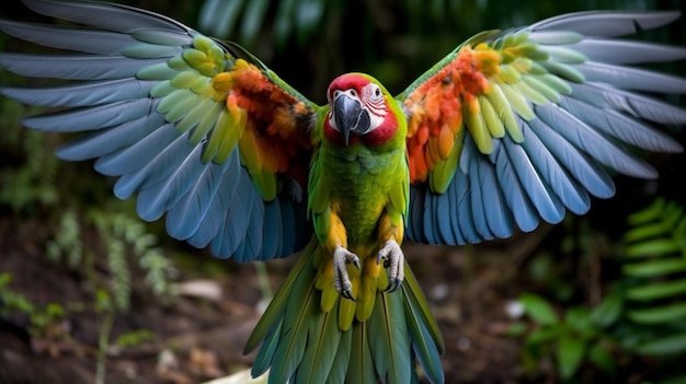 A parrot with its wings spread wide open