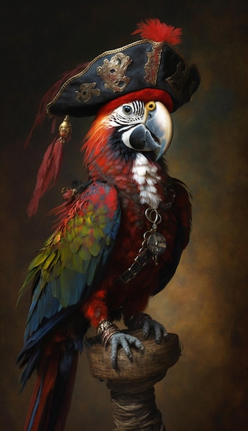 A parrot with a pirate hat and a hat