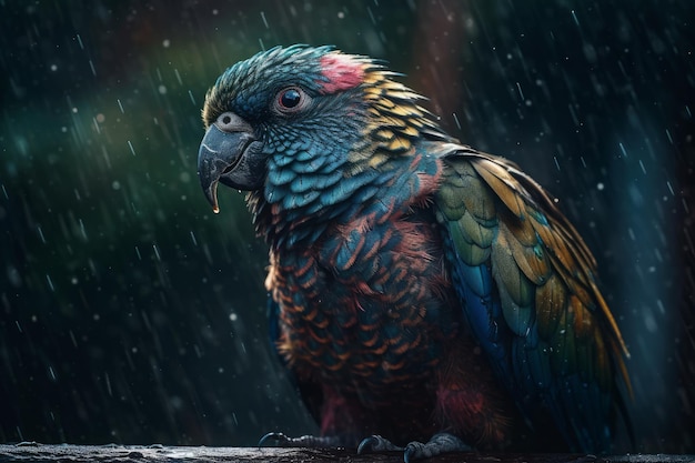 A parrot with a rain drop in the background