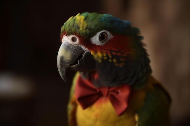 A parrot with a red bow tie is sitting in a dark room.