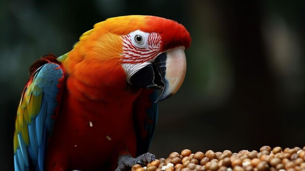 A parrot with a red face sits on a pile of peanuts.