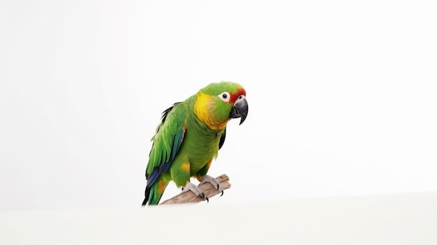 A parrot with a red and green head sits on a branch.