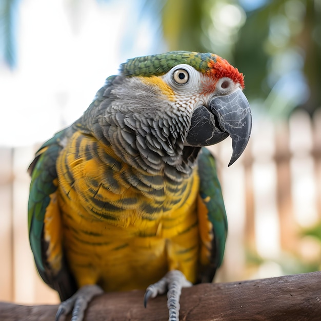 A parrot with a red and green head sits on a branch.