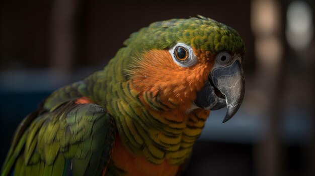 A parrot with a yellow beak is sitting in a tree.