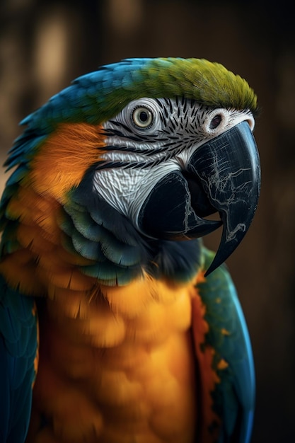 A parrot with a yellow and blue face is shown.