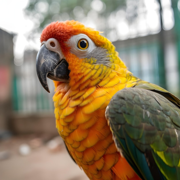 A parrot with a yellow and green feather is sitting on a table.