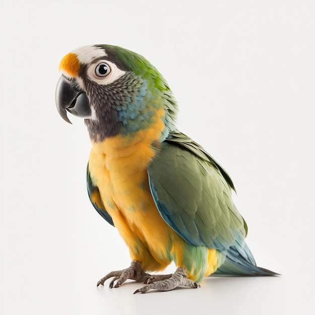 A parrot with a yellow and green head and white feathers.