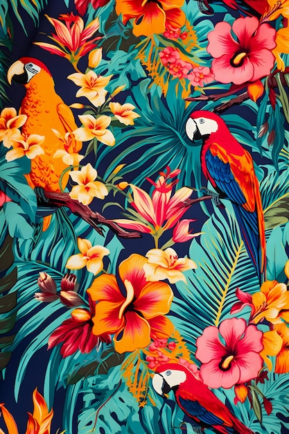 사진 앵무새와 정글 꽃 패턴 꽃 illustartion 화려한 빈티지 스타일