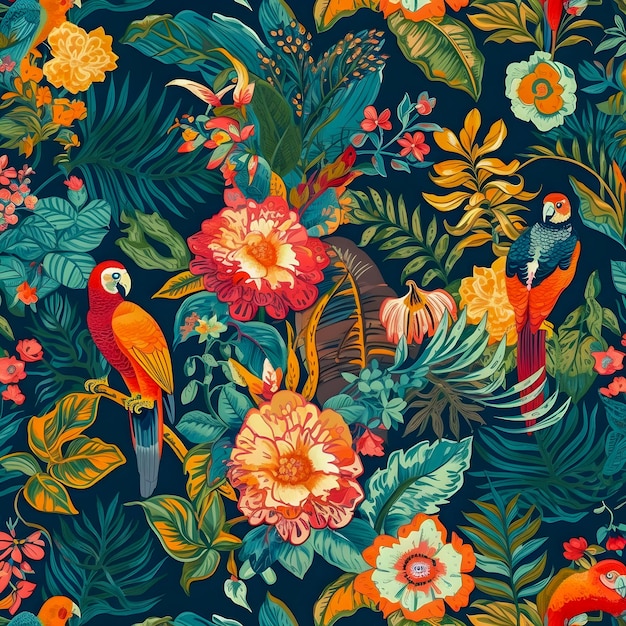 Parrots and jungle flowers pattern floral illustartion colourful vintage style
