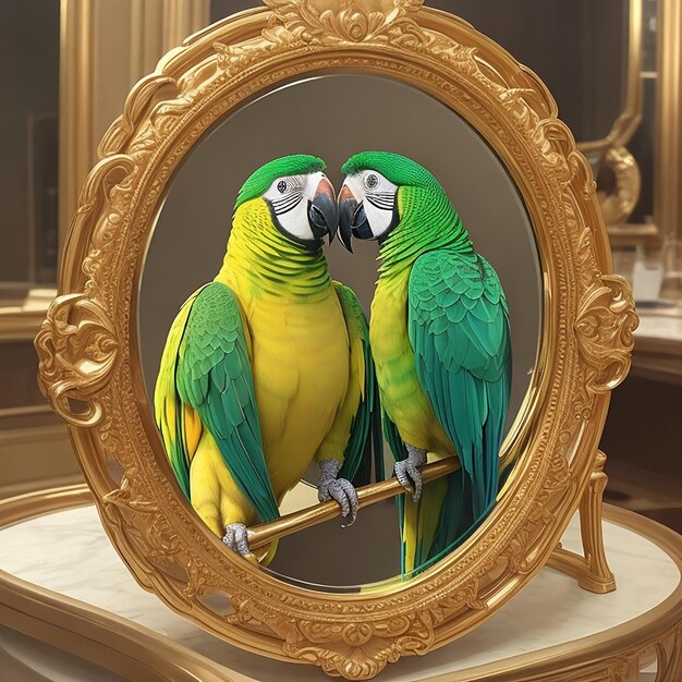 Photo parrots in mirro in room