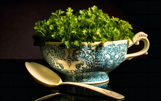 Parsley in a cup with leaves in a spoon