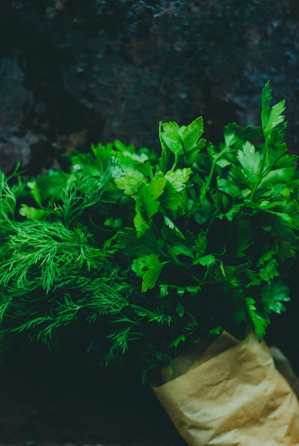Photo parsley and dill mix on a dark background