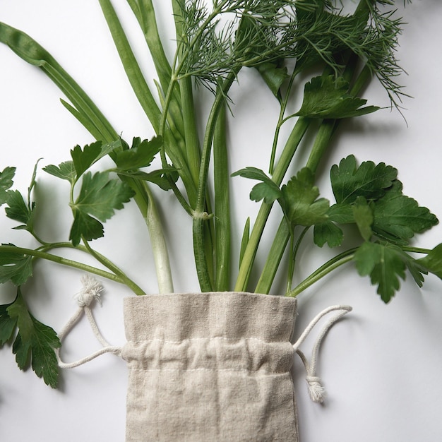 Parsley and green onions flat lay in a cloth bag on a white background