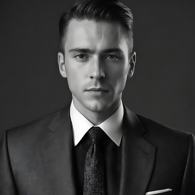 Part of black and white portrait of male in a suit on dark grey background