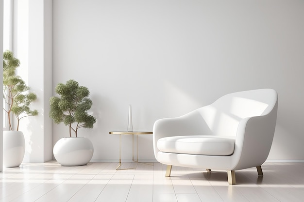 Part of clean white interior with white armchair 3d rendering