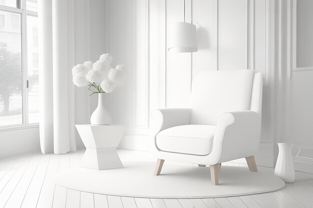 Part of clean white interior with white armchair 3d rendering