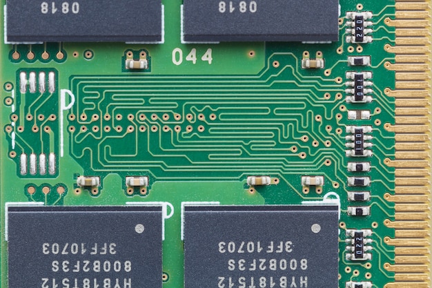 A part of computer RAM memory module. Closeup, top view