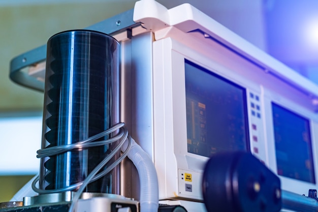 Part of equipment for mechanical ventilation equipment. Pneumonia diagnosting. Ventilation of the lungs with oxygen. COVID-19 and coronavirus identification. Pandemic.