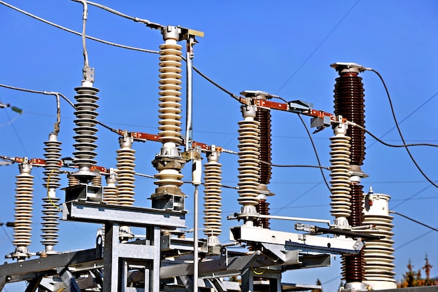 Part of high-voltage substation with switches and dis connectors.High voltage converter at a power plant