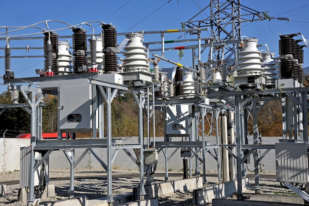 Part of high-voltage substation with switches and disconnectors.