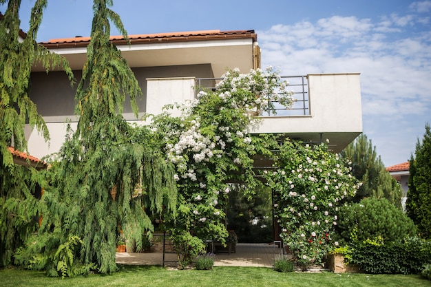 Part of the house against the sky overlooking the garden and well-kept territory