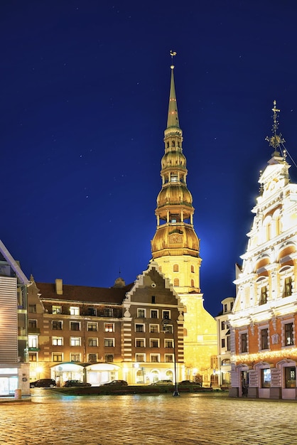 Part of the House of the Blackheads and Saint Peter church in the center of the old town in Riga, Latvia. The church is a part of the Evangelical Lutheran Church of Latvia.