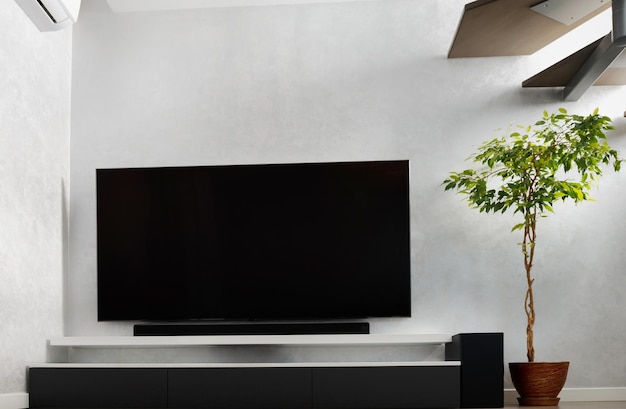 Part of the interior of the living room with a TV on the wall hifi equipment Sound bar gray cabinet and a large indoor flower TV and music system in the interior