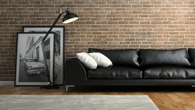 Part of interior with brick wall and black sofa 3D rendering