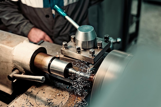 Part of lathe with cutter and metal shavings in mechanical workshop closeup Real workflow in production hall at factory