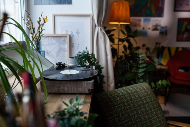 Part of living room with oldfashioned furniture interior and record player