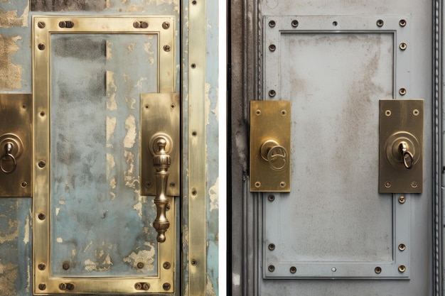 Part of a metal front door with a metal surface and a hinge