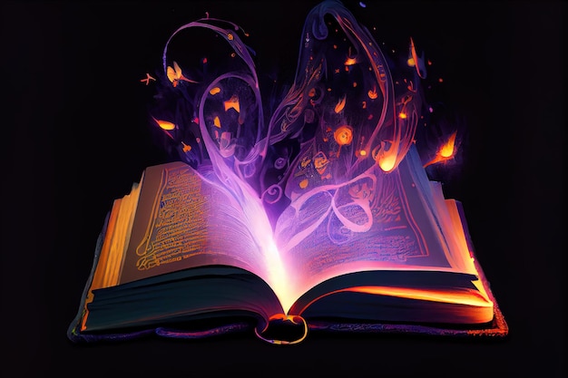 Part of an open magic book bewitched book glows in the darkness Generative Ai