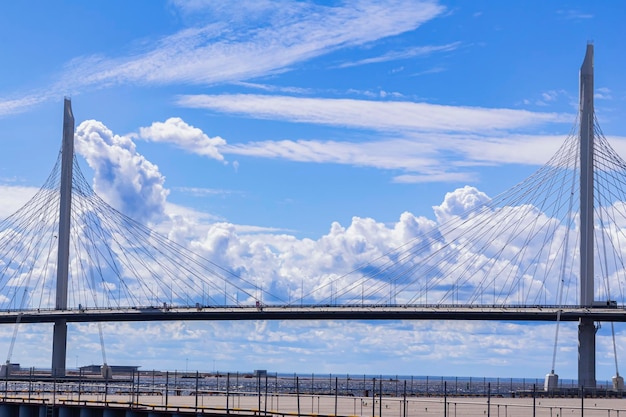 Part of pedestrian bridge in St Petersburg against mesmerizing bright blue sky background