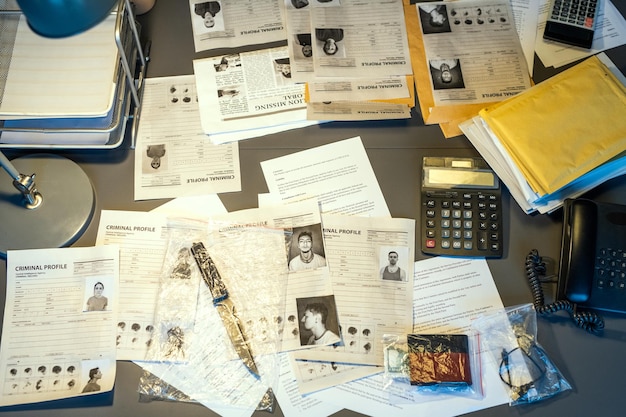 Part of workplace of modern fbi agent with criminal profiles and other stuff