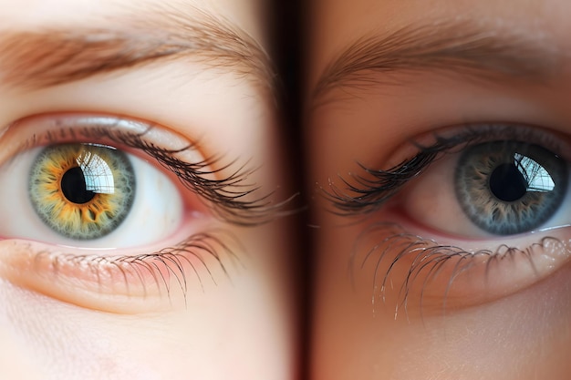 Foto eterocromia parziale dell'iride immagine di primo piano estremo di due occhi umani con punte di diversi colori che si irradiano dalla pupilla ai generated