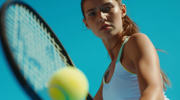 파란색 배경 에 놀고 있는 테니스 라켓 과 공 을 들고 있는 운동적 인 젊은 여자 의 부분적 인 모습