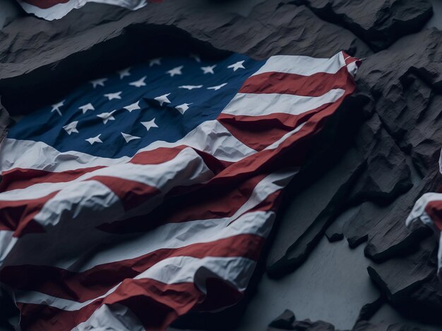 Partially crumpled American flag on a concrete surface