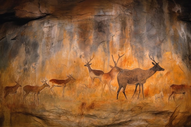 Partially eroded cave painting of a hunting scene created with generative ai