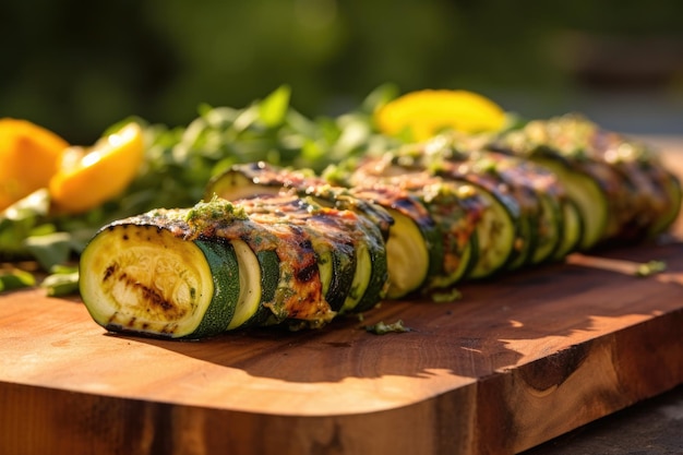 세더 나무 판에 부분적으로 그릴 zucchini 중간 요리 생성 ai로 만들어졌습니다.