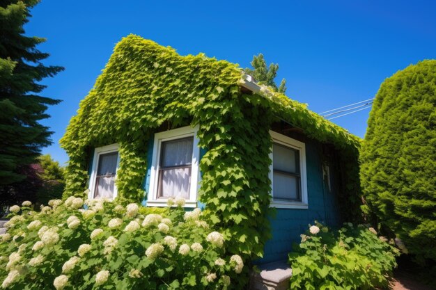 Partially ivycovered cottage against a clear blue sky