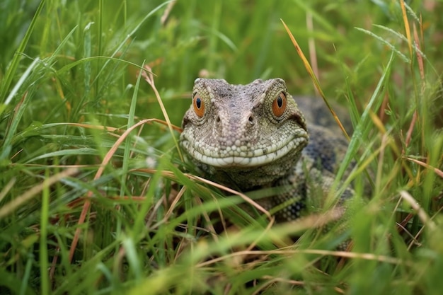 Partially shed lizard camouflaged in grass