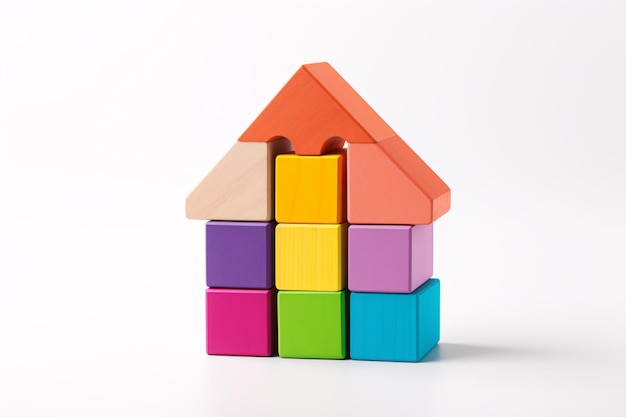 A partiallyconstructed wooden house made up of colourful blocks is isolated on a white background