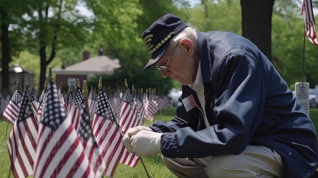 写真 地元の退役軍人墓地の清掃など、戦没将兵追悼記念日のボランティア プロジェクトに参加し、旗や花を植える ai が生成